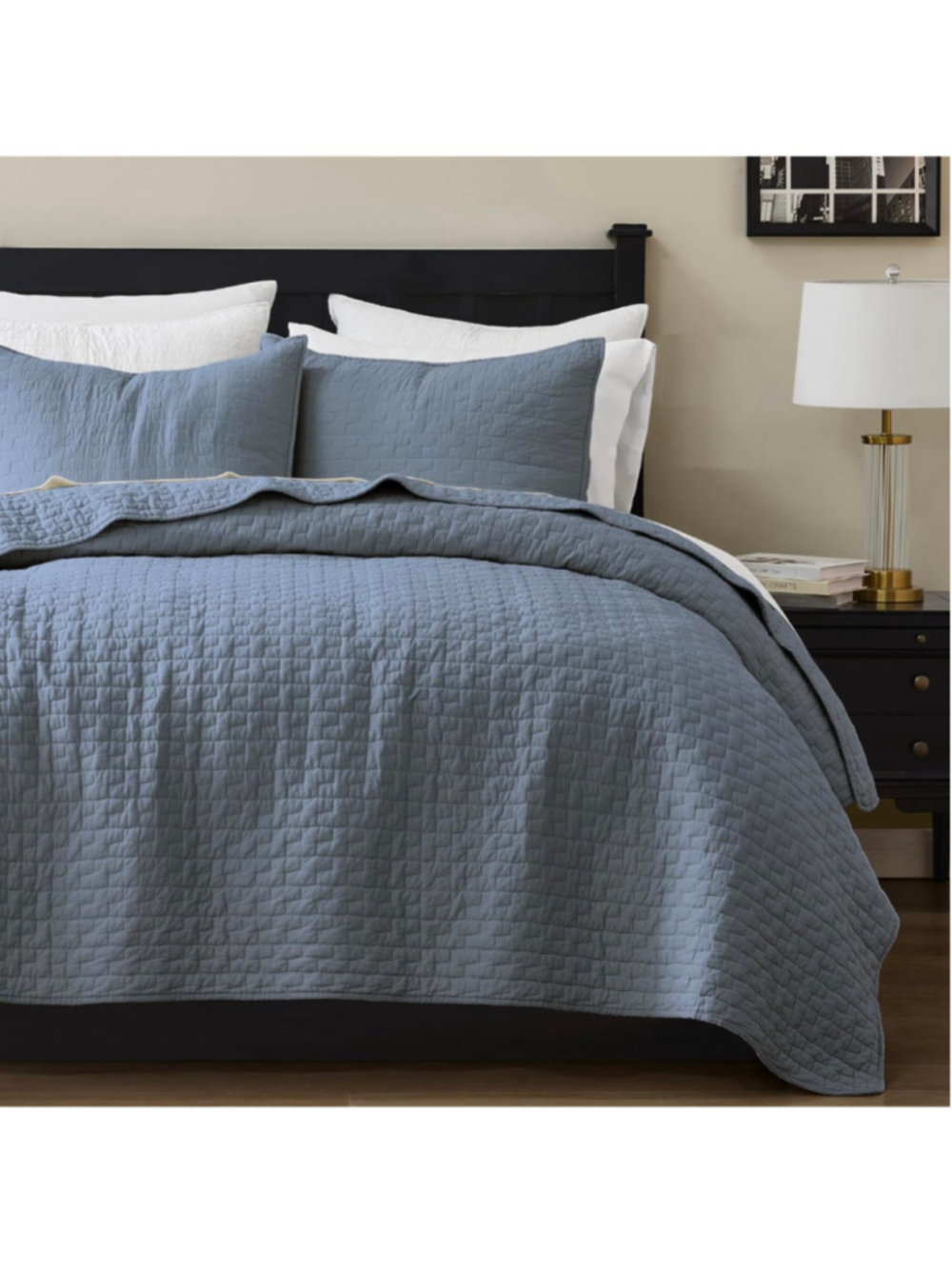 Blue Grey Quilt King Size Bedding Set with 2 Pillow Shams